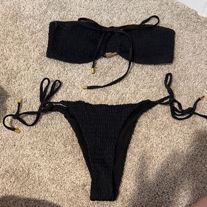 Black Smocked Tie Bikini Set